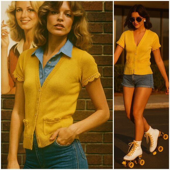 Vintage Tops - Vintage 70s Style Crocheted Boho Yellow Knit Top Button Front Short Sleeve